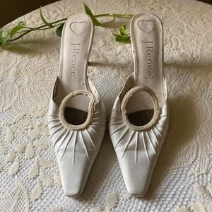 J. Renee Vintage White Beaded Pleated Pointed Toe Mule Kitten Heels Womens 9